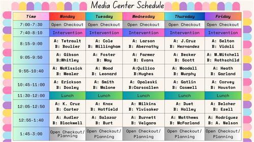 Weekly Schedule for the Media Center